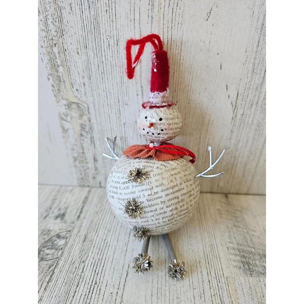Shabby chic jointed snowman newspaper ornament‎ tinsel glitter hat Xmas tree